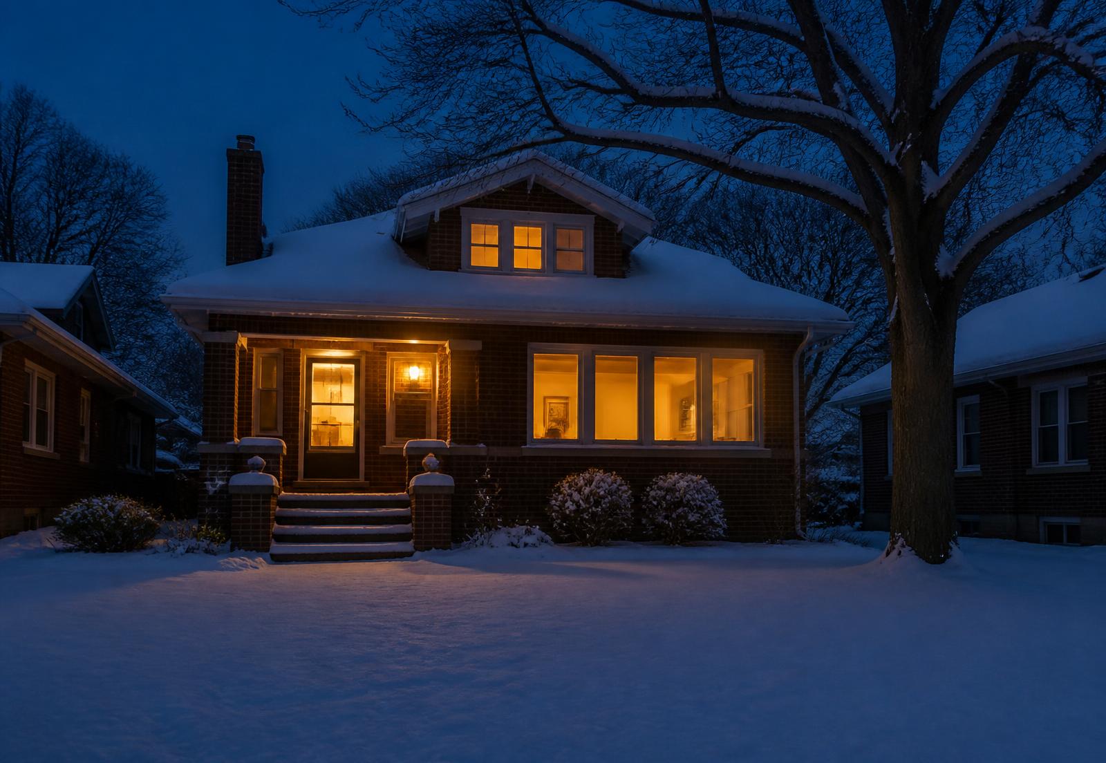 Warmly lit Milwaukee bungalow on a snowy winter evening